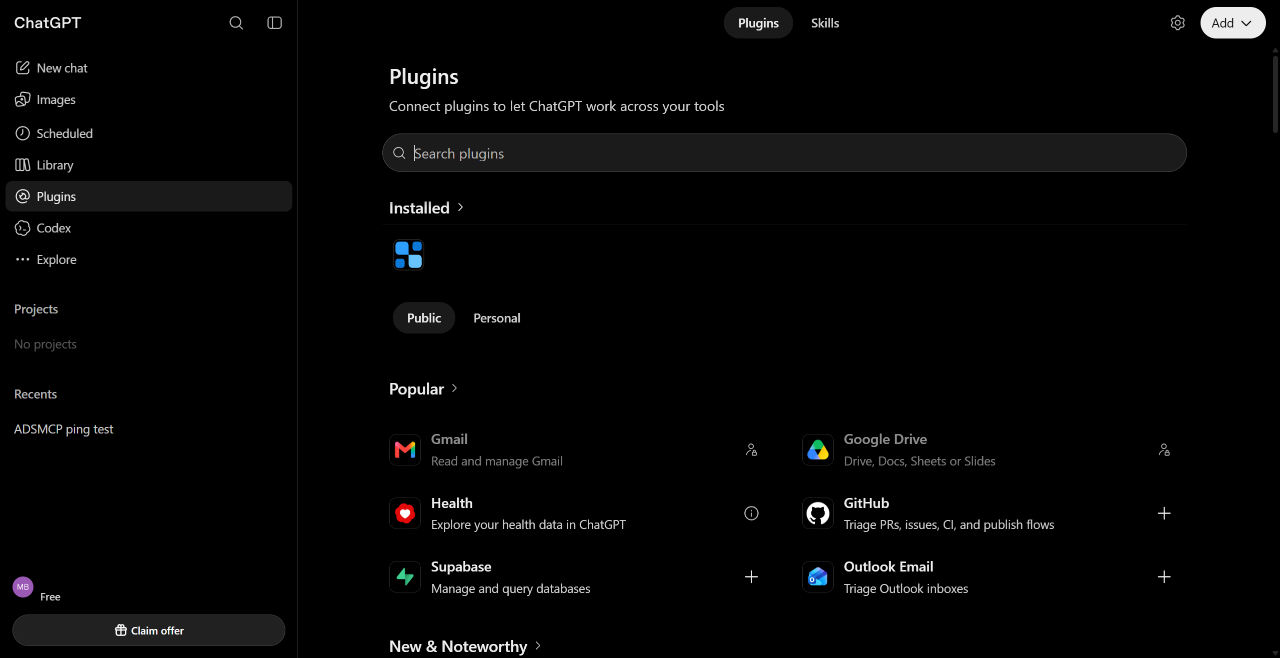 ChatGPT Plugins page with the Add button in the top-right corner