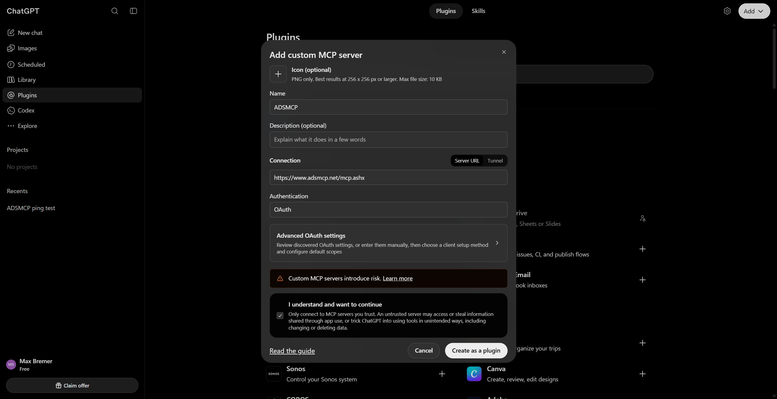 ChatGPT Add custom MCP server form with name, server URL, and OAuth authentication