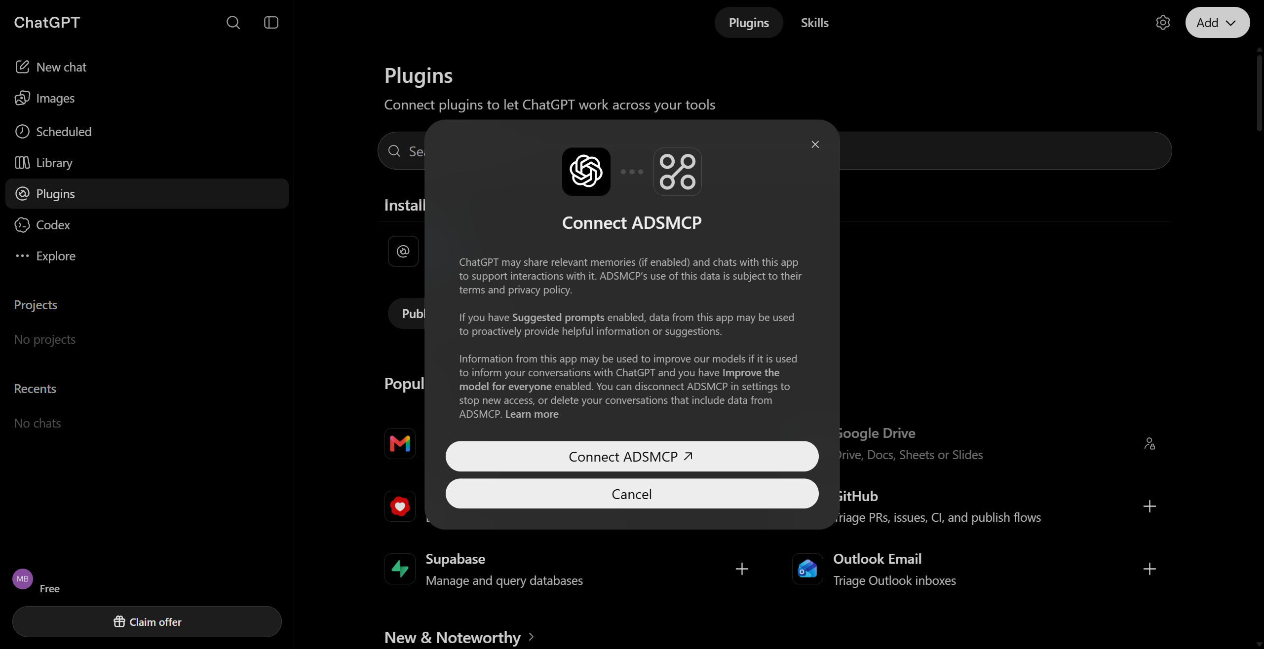 ChatGPT Connect ADSMCP consent screen