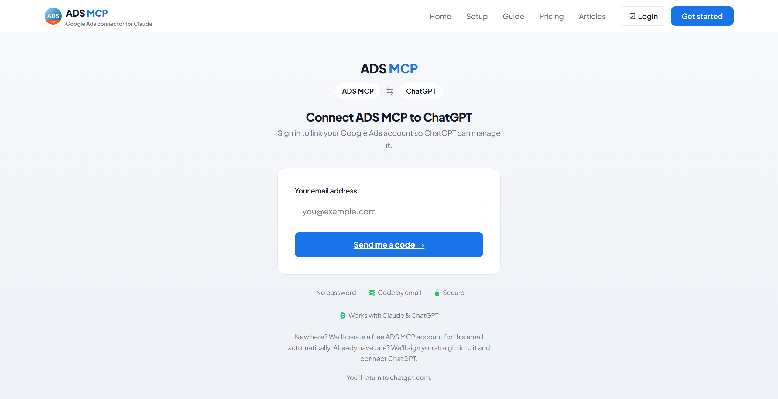 ADS MCP sign-in page shown during the ChatGPT OAuth connection
